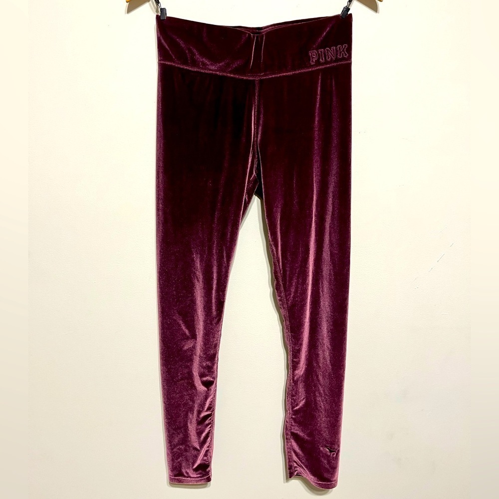 Victorias Secret PINK dark mauve crushed Velvet Velour Logo Leggings size M - Picture 1 of 6